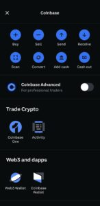 Coinbase Mobile Menu Screenshot