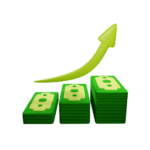 Piles of money with a green arrow pointing upwards