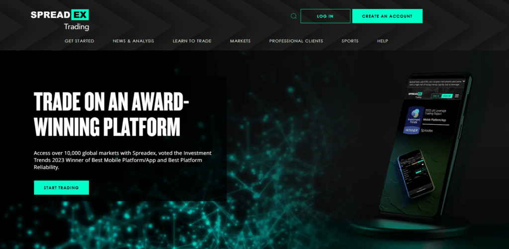 spreadex screen grab of home page showcasing trading and investment capabilities