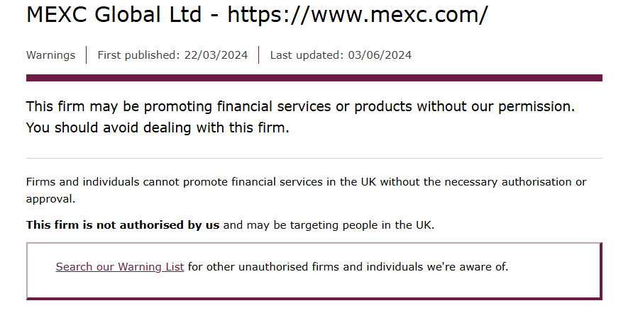 Warning notice about MEXC Global Ltd from regulatory authority dated March 22, 2024, updated on June 3, 2024, indicating the firm is not authorized to promote financial services in the UK.