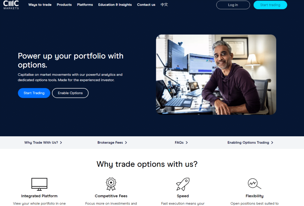 CMC Markets options trading interface emphasizing powerful analytics and options tools.