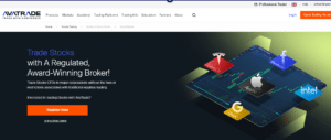 AvaTrade brokerage service website with a focus on trading stocks CFDs, featuring an engaging graphic of stock market analytics on a digital tablet.