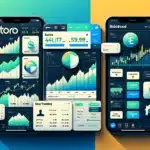 comparing the eToro and Robinhood online trading platforms. The left side represents eToro with its social trading features and community feed, while the right side showcases Robinhood's clean and minimalistic design, emphasizing easy access to various trading options.
