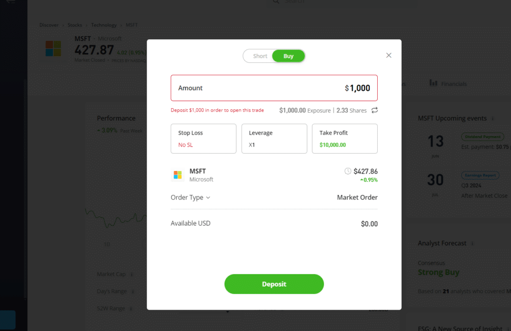 Screenshot of the trading interface for buying Microsoft shares on an investment app, showing stock price, amount to invest, and options for stop loss and take profit.