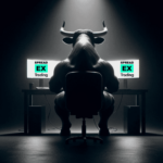 A large bull with horns sits in front of two monitors displaying "Spread EX Trading" logos in a dimly lit room.