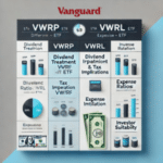 Comparison chart of Vanguard FTSE All-World UCITS ETFs VWRP and VWRL, highlighting differences in dividend treatment, tax implications, expense ratios, and investor suitability.