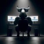 Investors centre Bull reviewing coinbase crypto exchange on two computer monitors.