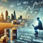 reflecting the article on commodity trading in the UK. It features a dynamic trading environment, with visual elements of oil, gold, and agriculture, alongside iconic London landmarks to symbolize the UK trading scene. The digital dashboard showcases key trading metrics like "Buy" and "Sell" options, chart fluctuations, and stop-loss settings, all representing the essence of trading on platforms such as Plus500