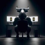 The image shows a large, muscular bull figure seated at a desk, facing multiple computer monitors with images of oil barrels displayed on the screens. The scene is dimly lit, focusing on the bull, which seems to symbolize a bullish or aggressive market investor focused on oil trading. The setting has a dramatic and intense mood, likely representing someone deeply involved in high-stakes trading, particularly in commodities like oil