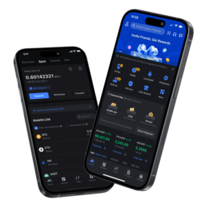 Mexc crypto app dashboard featuring asset list, trading options, and referral rewards, highlighting user-friendly design.