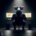 The Investors centre Bull Mascot Trading Gold on two computer monitors