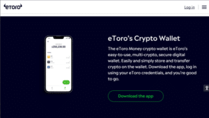 eToro crypto wallet app interface showing account balance and crypto options on a smartphone screen.