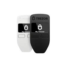 Trezor Model T hardware wallets in black and white, showing lock icon on display for secure crypto storage.