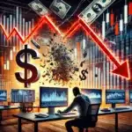Stock trading scene showcasing the concept of shorting the dollar, with a dramatic bearish stock chart featuring red downward arrows, a crumbling dollar sign ($), and a trader analyzing advanced trading platforms on multiple monitors in a high-tech financial market environment.