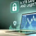 Professional image of a laptop displaying the XTB trading platform with charts, surrounded by secure elements like a lock icon or shield symbol, against a sleek background with financial-themed elements like graphs and candlestick patterns. Bold text reads 'Is XTB Safe and Legit?' in a professional blue, green, and white color scheme.