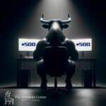 A powerful bull figure seated at a trading desk with dual screens displaying the Plus500 logo, symbolising strength and confidence in online trading.