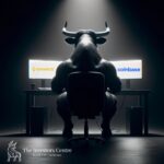A digitally created image of a muscular bull sitting at a desk in a dimly lit room, facing two computer monitors displaying the Coinbase and Coinbase Advanced logos. The scene is dramatic, with a spotlight shining down, emphasizing the bull's powerful silhouette. At the bottom, the logo and tagline of The Investors Centre appear, reading: "Invest with Confidence."