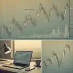 A calm, minimalist illustration depicting Forex line trading. Image 1_ A chart with clear trend lines (uptrend, downtrend, and sideways trend) drawn w