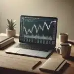 A professional and subdued featured image for a blog about shorting the FTSE 100. The image shows a calm workspace with a laptop displaying a stock ma