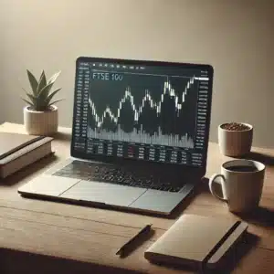 A professional and subdued featured image for a blog about shorting the FTSE 100. The image shows a calm workspace with a laptop displaying a stock ma