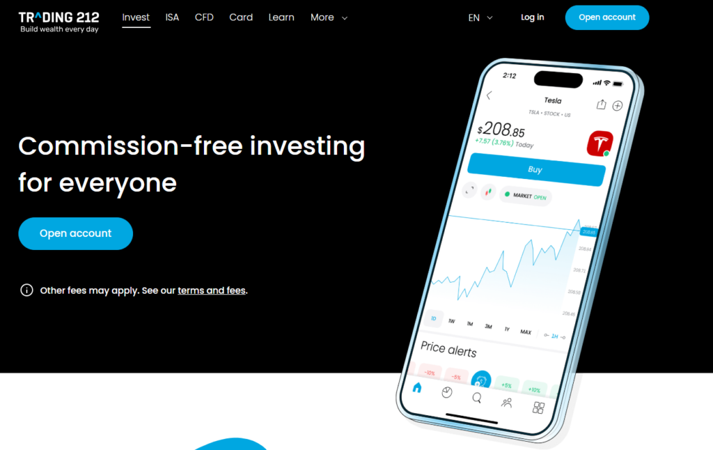 Trading 212 homepage featuring commission-free investing, with an example of the app interface showing Tesla stock and price alerts