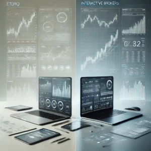 Professional comparison of eToro and Interactive Brokers trading platforms, featuring side-by-side laptop screens with financial charts, suitable for UK investors.
