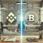 Professional comparison image of Binance vs Kraken, featuring financial elements, trading graphs, and a neutral business-oriented design for a finance blog.