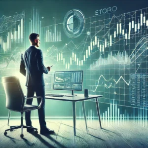 Professional businessman analyzing financial charts on a large screen, representing eToro trading platform and investment opportunities.