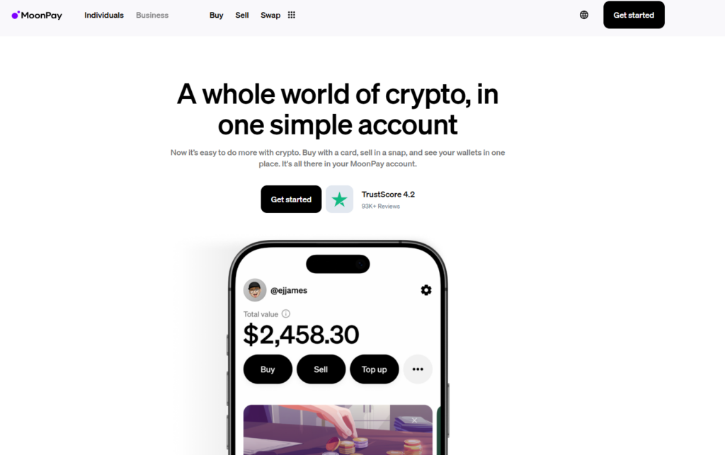 MoonPay homepage showcasing a simple crypto account with buying, selling, and wallet integration features.