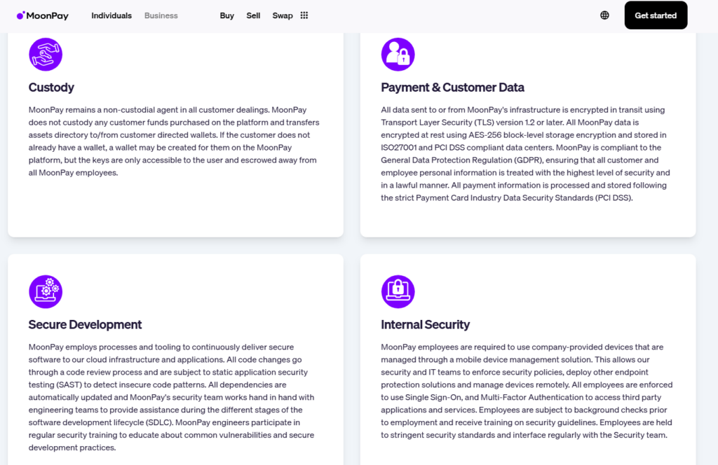 MoonPay's security policies including custody, payment data protection, secure development, and internal security protocols