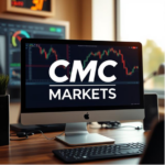 CMC Markets trading platform displayed on a modern desktop computer, featuring live candlestick charts and financial data analysis in a professional trading workspace. The setup emphasises a sleek and high-tech trading environment, ideal for forex, CFD, and stock market investors.