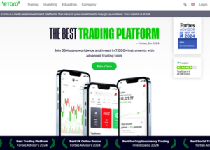 eToro homepage featuring 'The Best Trading Platform' award by Forbes, Trustpilot rating of 4.1 from 26,338 reviews, and mobile trading interface. Showcases eToro’s 35M+ users, 7,000+ investment instruments, and awards for Best UK Online Broker, Best Crypto Trading, and Best Social Trading.