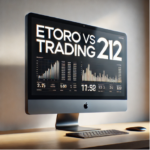 A modern desktop PC screen displaying 'eToro vs Trading 212' in bold typography. The sleek black monitor sits on a stylish desk in a minimalist workspace, symbolising a comparison between two popular UK trading platforms.