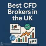 Illustration titled 'Best CFD Brokers in the UK' by The Investors Centre, featuring trading charts, candlestick patterns, pound symbol, and upward market trends on a dark blue background.