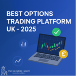 Best options trading platform UK 2025 graphic by The Investors Centre, featuring candlestick chart on laptop, trading icons, and pound currency symbol.