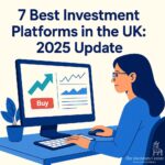 Illustration of a woman using a desktop computer to invest online, with the title '7 Best Investment Platforms in the UK: 2025 Update' and The Investors Centre branding in the corner.