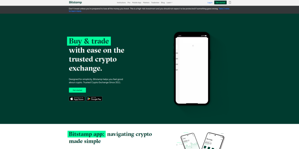 Bitstamp homepage highlighting its user-friendly crypto trading platform and mobile app for buying and trading digital assets