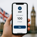 Mobile phone displaying XRP purchase screen on a crypto trading app, with UK symbols in the background