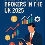 Cover image for Best Futures Brokers in the UK 2025 by The Investors Centre, featuring a businessman analysing charts on a tablet, surrounded by financial icons like candlestick patterns, pound symbol, and market graphs on a dark blue background.