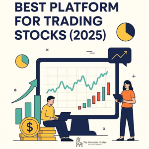 Illustration of two investors using digital devices to trade stocks, with upward-trending charts, graphs, and coins on a screen. Titled "Best Platform for Trading Stocks (2025)