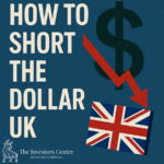 How to Short the Dollar UK” graphic by The Investors Centre featuring a downward red arrow, dollar symbol, and UK flag, representing bearish USD strategies from the UK perspective