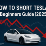 Conceptual graphic showing a white Tesla Model 3 with a red downward stock arrow and candlestick chart, illustrating 'How to Short Tesla – Beginners Guide [2025]' by The Investors Centre.