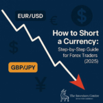 Modern abstract graphic showing a downward forex trend with EUR/USD and GBP/JPY pairs, featuring the title 'How to Short a Currency: Step-by-Step Guide for Forex Traders (2025)' and branded by The Investors Centre.