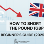 Cover image for blog post titled 'How to Short the Pound (GBP) – Beginner’s Guide [2025]', featuring a downward red arrow, British Pound symbol (£), UK flag, and candlestick chart background – ideal for forex trading and currency shorting content.