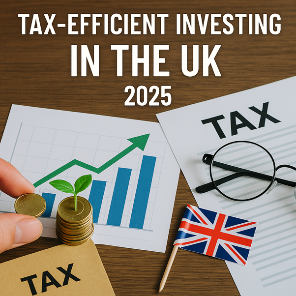 Tax-efficient investing strategies in the UK for 2025, showing coins, a growth chart, a tax document, and a British flag