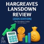 Hargreaves Lansdown Review 2025 edition cover featuring financial icons like a calculator, pound coins, investment chart, and money bag, created by The Investors Centre.