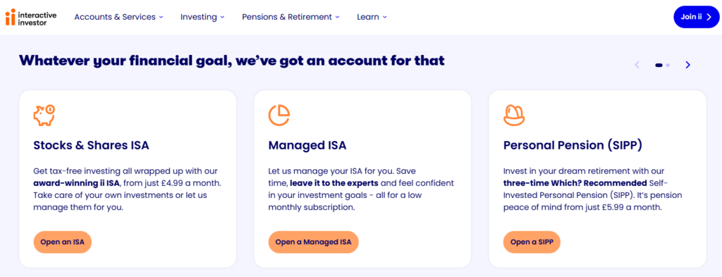 Interactive Investor account options including Stocks & Shares ISA, Managed ISA, and Personal Pension (SIPP), with pricing and benefits highlighted for UK investors.