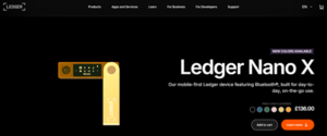 Ledger Nano X crypto hardware wallet in gold with Bluetooth support, mobile-first design, and new colour options, priced at £136 on official Ledger UK store