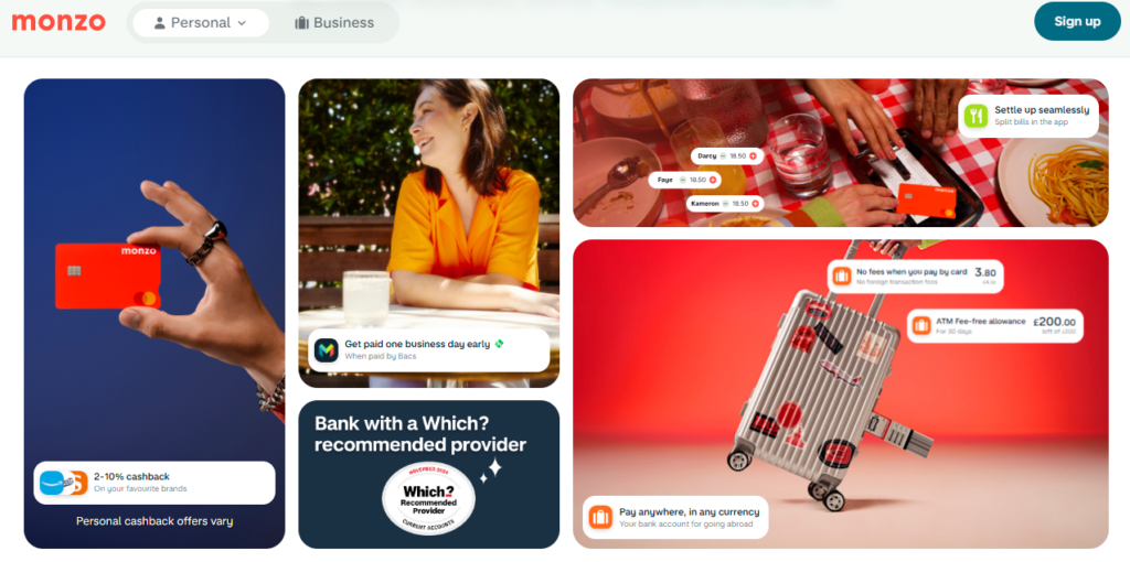 Monzo UK homepage showing cashback offers, bill splitting, early Bacs payments, travel-friendly features, and Which? recommended provider badge – April 2025