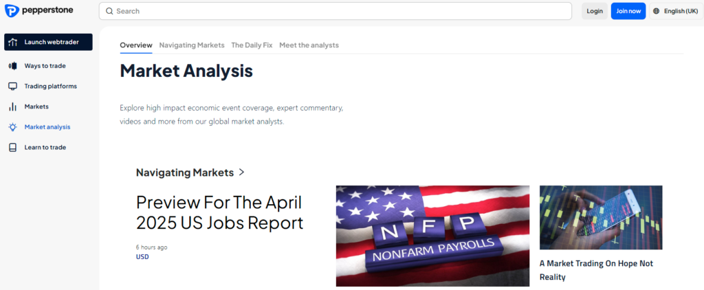Pepperstone Market Analysis page showcasing economic event previews, expert trading commentary, and insights on the April 2025 US Jobs Report